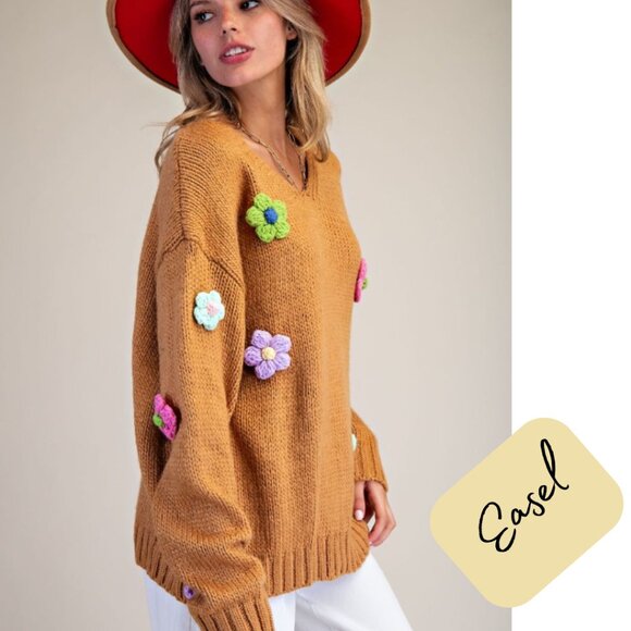 🌸🪶☮️Easel Daisy Flower Appliqué Knit Sweater Pullover NWT - Picture 2 of 7